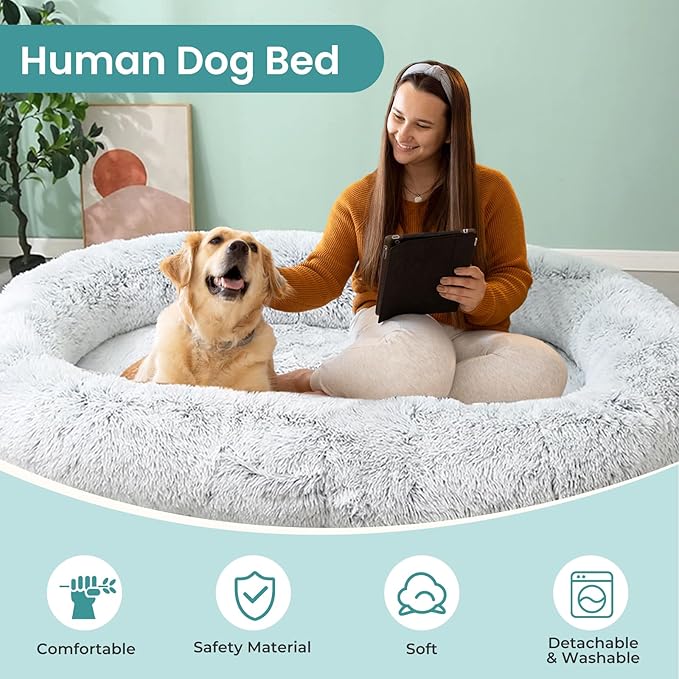JOLLYVOGUE Human Dog Bed for Adults and Pets, Ultra-Soft Plush Giant Dog Bed with Egg Crate Foam, Non-Slip Base, and Machine Washable Cover - Ideal for Relaxation and Napping, Light Grey