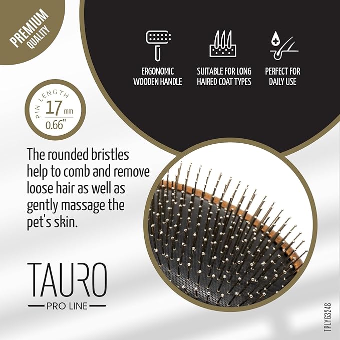 Tauro Pro Line Wooden Dog Brush for Long & Short Hair - Deshedding & Detangling Brown Massage Brush for Dog & Cat Grooming - Oval Flexible Cushion & Lightweight, Ideal for All Coat Types