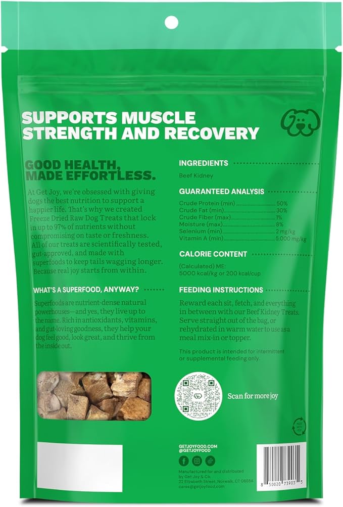 Get Joy Freeze Dried Superfood 100% Beef Kidney Dog Treats, 4 Ounce Bag, Single Ingredient Organ Meat, High Protein, Immune Health, Muscle Repair, Grain Free, Gluten Free, Made in USA