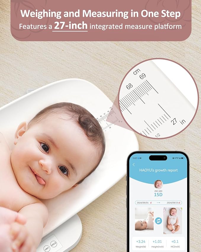 GROWNSY Smart Baby/Pet Scale,Digital Baby Weight Scale with App for Tracking Growth of Infant, Toddler,Puppy,and Cat—Supports Up to 330 lbs, with Hold Function, 27-inch Height Measurement,5 Units