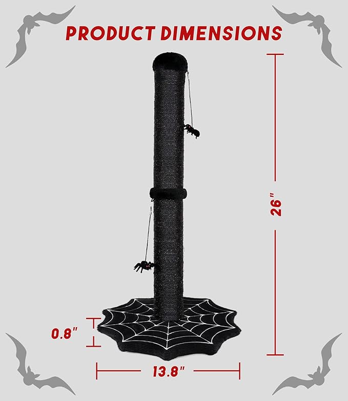 Gothic Cat Scratching Post with Spider Dangling Toys for Indoor Cats, Halloween Spooky Cat Scratcher,Activity Cat Play Center Goth Cat Tree Tower Furniture with Cobweb Base,Black