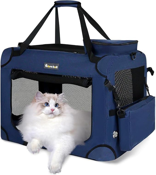 Large Cat Carrier for Cats Collapsible Soft Pet XL Crate for Large/Medium Cats 15lbs+ Car Travel Portable Bag with Water Bottle Slot Ideal for Long Trips (Blue, 20.0"L x 14.0"W x 14.0"H)