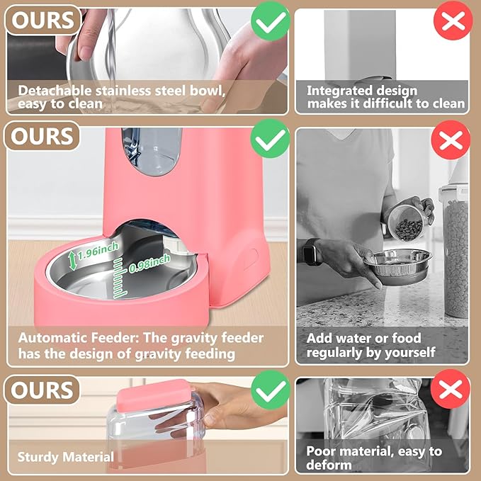 Automatic Cat Feeder and Water Dispenser with Stainless Steel Bowl Dog Gravity Food Feeder and Waterer for Small Medium Pets Puppy Kitten 1 Gallon x 2