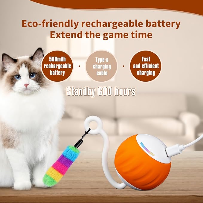 Cat Toys Interactive for Indoor Cats, Touch & Sound Smart Control - Fast slow 2 Speed Motion Activated Cat Ball Toy for Bored Cats With LED Lights, Feathers Tail, USB Charging Cable, 6in1 - Orange