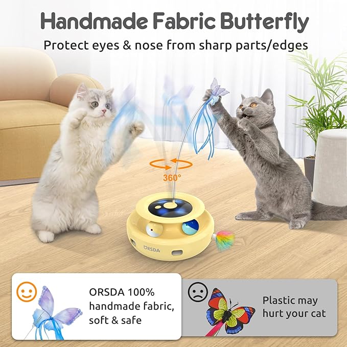 ORSDA Cat Toy, 3-in-1 Automatic Interactive Electronic Moving Ambush Feather, Fluttering Butterfly, Track Balls, USB Rechargeable Powered Smart Indoor Exercise Kicker