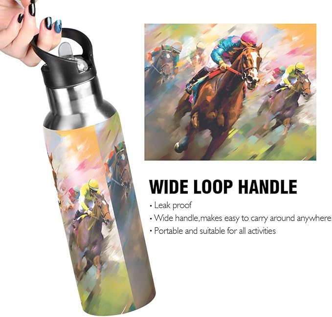 Horse Racing Water Bottle with Straw Lid Kids Insulated Stainless Steel Water Flask Sports, 20 Oz Hot Cold