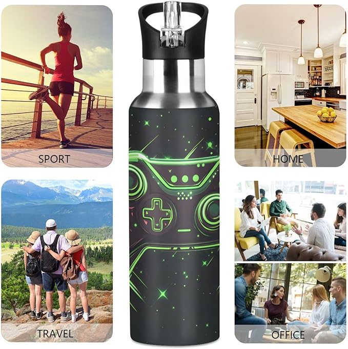 Joystick Gamepad Green Water Bottle with Straw Lid Kids Insulated Stainless Steel Water Flask Sports, 20 Oz Hot Cold