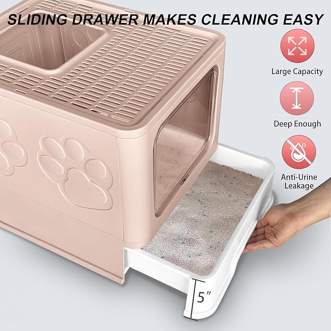 Upgrade Portable Litter Box, Top Entry Cat Box with Lid, No Leakage Kitty Box with Scoop and Mat, Easy Cleaning Cat Box Enclosure (Pink)