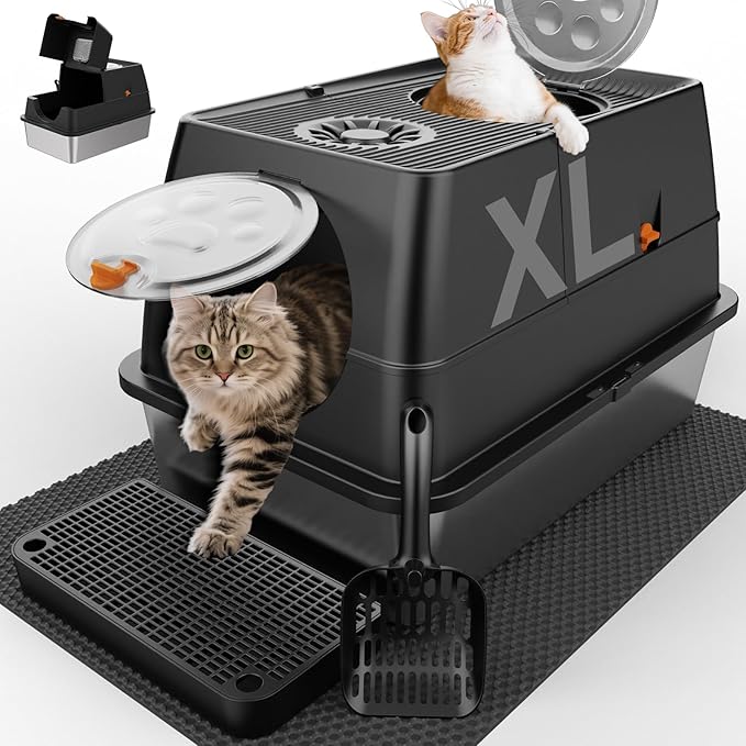 Stainless Steel Cat Litter Box with Lid, XL Extra Large Kitty Litter Box, Enclosed Top Entry Metal Litterbox for Big Cat, Easy Cleaning, Anti-Leakage & High Sided with Mat, Aisle & Scoop Black