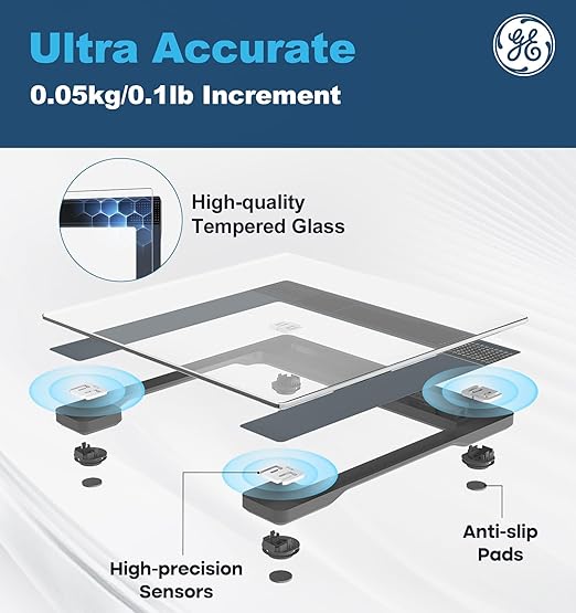 GE Bathroom Scale for Body Weight: Highly Accurate Digital Scale Weighing Machine with Clear Tempered Glass, 11.8" Large Platform, Compact Design, LED Display, 400 lbs, 4 Units, with Body Tape Measure