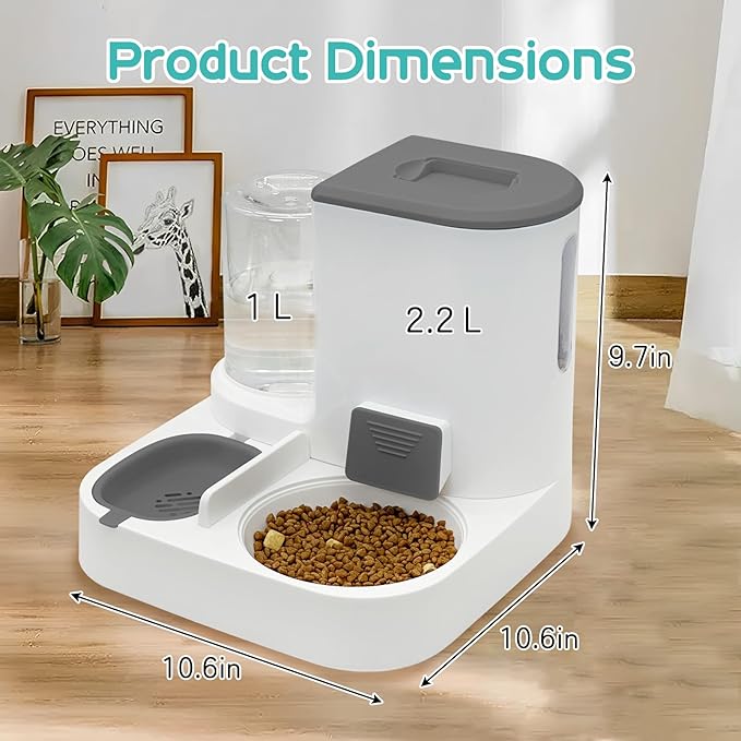 Fhiny Gravity Cat Feeder and Water Dispenser, 2 in 1 Automatic Pet Waterer Detachable Stainless Steel Food Bowls Set Pet Food Storage for Small Dog Puppy Cat Kitten Pet Easy Clean (Grey)