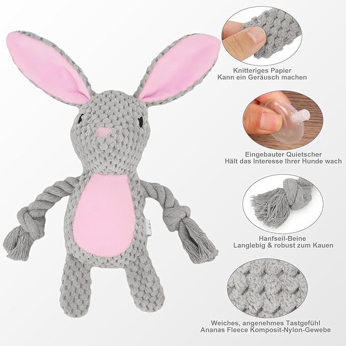 Dog Toys, Dog Squeaker Toys with Crinkle Paper, Stuffed Animal Dog Plush Chewing Toy, Cotton Rope Interactive Toys for Puppy, Small, Middle Dogs (Gray Rabbit)