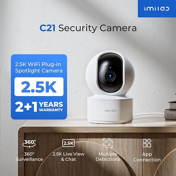 IMILAB C21 2.5K Security Camera Indoor, Room Camera for Bedroom 360° View, Pet Cam w/Phone App & Speaker, Indoor Cam for Dog/Kid/Baby/Elderly, Night Vision, Plug-in, 2.4GHz WiFi, Local/Cloud Storage