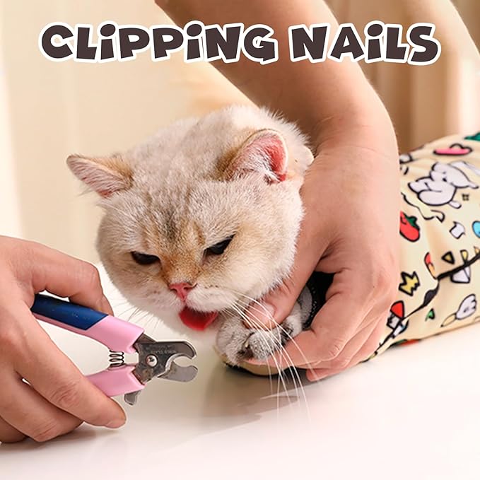 Cat Grooming Wrap, Self-Adherent Soft Cat Blanket to Wrap, Nail Clipping, Anti-Bite, Anti-Scratch, Anti-Escape Calming Wrap (Cute Prints, 6-10 lbs)