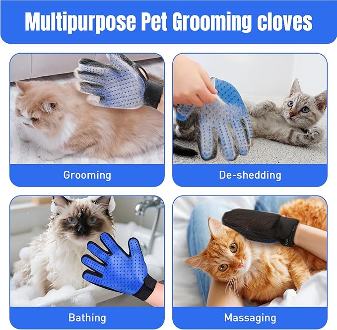Cat & Dog Grooming Gloves for Shedding, 4PCS Efficient Deshedding Pet Grooming Gloves for Dogs with 1PCS Pet Hair Remover Gloves, Cats & Horses with Long & Short Fur