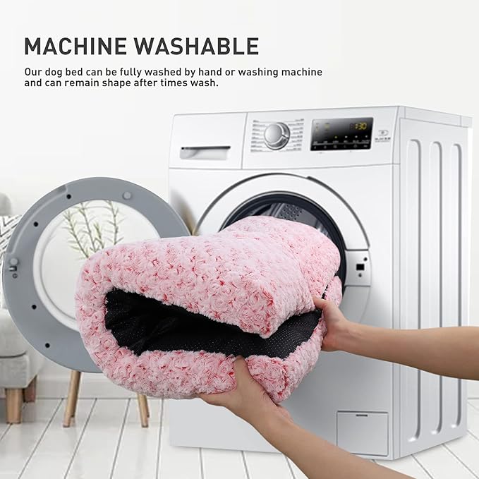 KSIIA Washable Dog Bed Deluxe Plush Dog Crate Beds Comfy Kennel Pad Anti-Slip Pet Sleeping Mat for Large, Jumbo, Medium, Small Dogs Breeds, 29" x 21", Pink