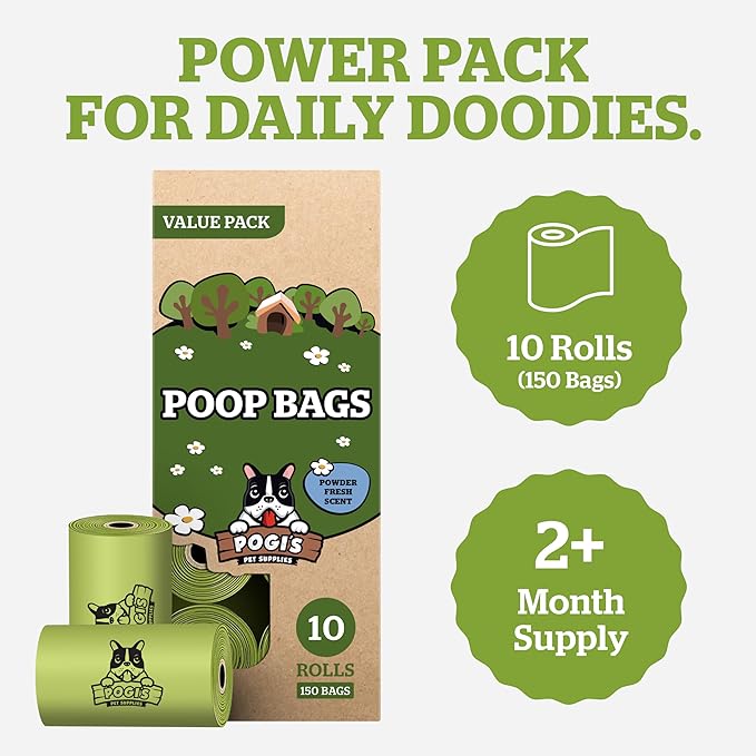 Pogi’s Dog Poop Bags – Leak-Proof & Extra Thick Pet Waste Bags (Fresh Scent, 10 Rolls, 150-Count)