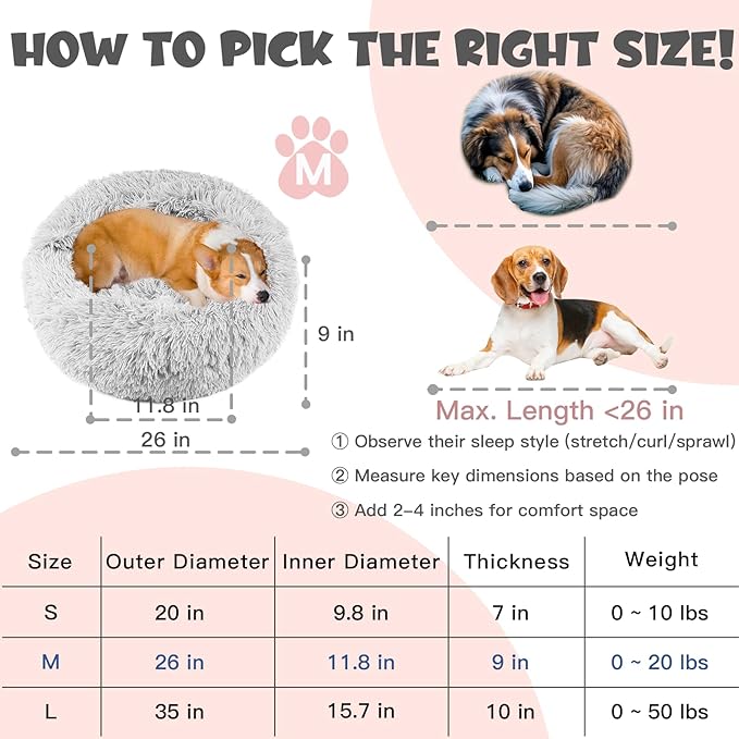 Himax Donut Bed for Small Medium Dogs With Attached Blanket - Calming, Washable (20"/26"/35") Light Grey