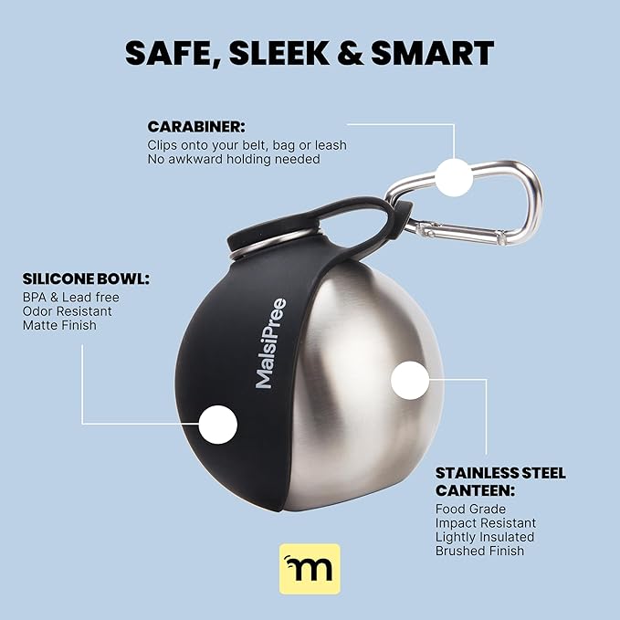 Malsipree 2-in-1 Portable Dog Water Bottle & Bowl for Small Dogs - Leak Proof & Insulating - Travel Water Dispenser - Stainless Steel Bottle & Silicone Bowl - Walking & Hiking (10 fl oz, Black)