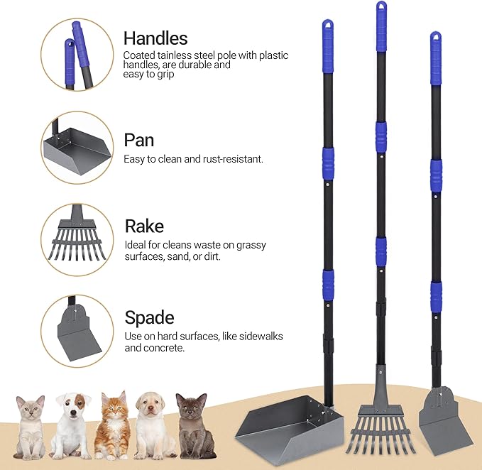 Heeyoo Dog Pooper Scooper, Dog Poop Tray and Rake Set, Pet Waste Removal Scoop with Long Adjustable Sectional Stainless Handles
