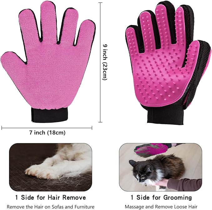 VCZONE 2 in 1 Cat Grooming Glove, Double-Sided Use Pet Hair Remover Glove, 1 Side is Gentle Grooming for Dogs, Cats, The Other is Effective Hair Remover for Furniture, Clothing (Pink, Right-Hand)