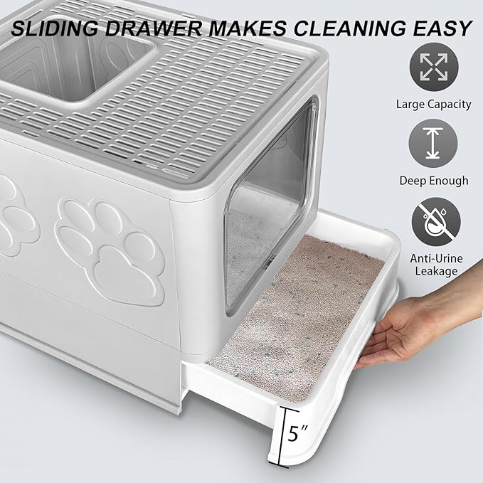 Upgrade Portable Litter Box, Top Entry Cat Box with Lid, No Leakage Kitty Box with Scoop and Mat, Easy Cleaning Cat Box Enclosure (Grey)