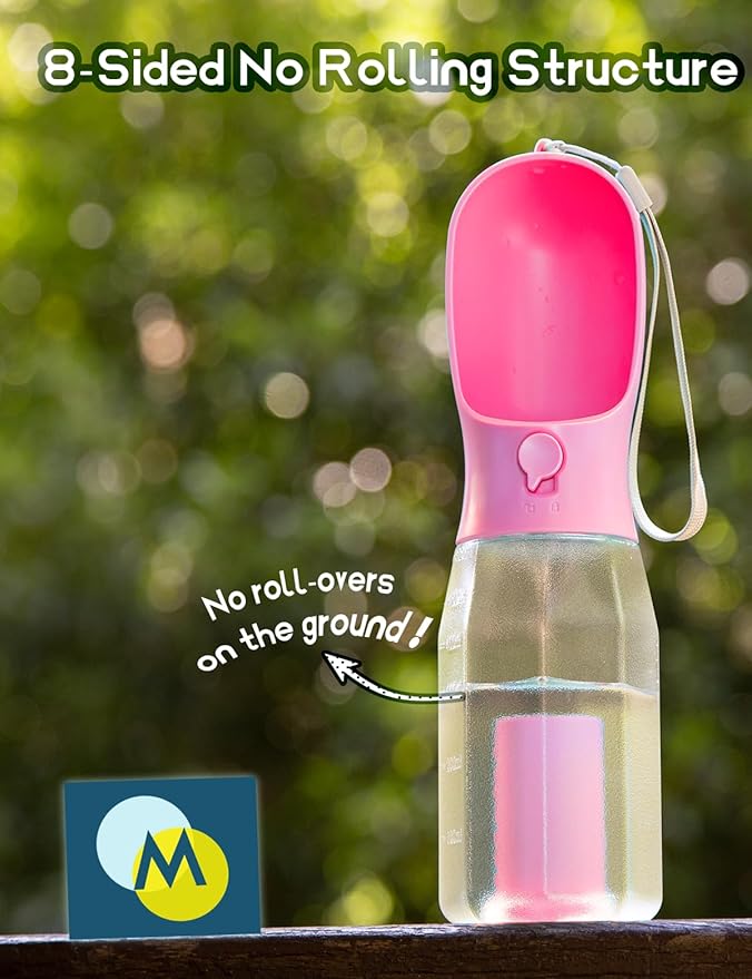 Portable Water Bottle for Small Dogs, 3 in 1 Pet Travel Bowl Dispenser with Food Treat Container & Poop Bag Holder, Summer Walking Hiking Accessories for Puppy On The Go - Pink, 10oz