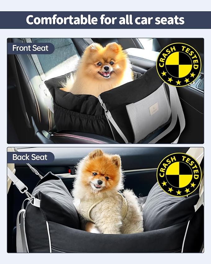 Dog Car Seat for Dogs - Waterproof Dog Booster Seat for Car with Storage Pockets, Clip-On Safety Leash and Soft Plush Cushion, Pet Travel Carrier Bed with Durable Belts up to 25 lbs (Grey, Medium)