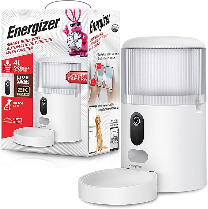Energizer Smart Pet Feeder with 2K Video Camera, 5Ghz & 2.4Ghz Dual Band Wi-Fi, 2-Way Audio, Night Vision, 4L Food Capacity, Remote Feeding Dogs & Cats, Compatible with Alexa & Google, Records