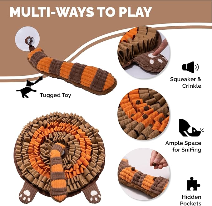 POPUPJOYS Durable Hide & Seek Snuffle Mat for Dogs, 2-in-1 Enrichment Puzzle Toy with Detachable Tail & Squeaker, Adjustable Difficulty Level with Suction, Machine Washable, Gift-Ready (Red Panda)