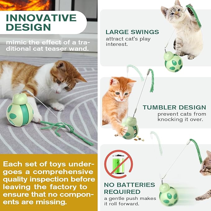 Cat Toys for Indoor Cats, Tumbler Rolling Cat Treat Dispenser with Teaser Wand, Cats Chase Toys for Nxiety Boredom Relie, Indoor Puzzle