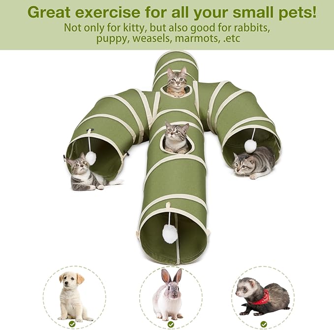 Ownpets Cat Tunnel Large 12 inch Diameter, Cactus-Shaped Cat Tunnel Toy, Sturdy Oxford Fabric Collapsible Cat Tunnels for Indoor Cats, Interactive Peek Hole Pet Tunnel Tube with Cat Wand Toy, Green