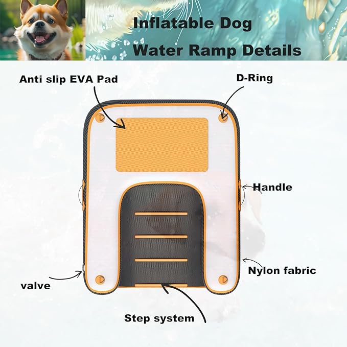 HEYLIFE Inflatable Dog Water Ramp Pool Ladder for Boats Docks Raft Swimming Pools Pet Stairs Floating Sports Platform Up to 220LBS Borange 4.9ft x 3ft x 4in