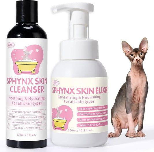 Sphynx Cat Skin Care Duo | Hypoallergenic Shampoo & Conditioner for Hairless Cats | Relieves Dry, Itchy Skin, Moisturizing | Veterinarian Approved, 2 Bottles