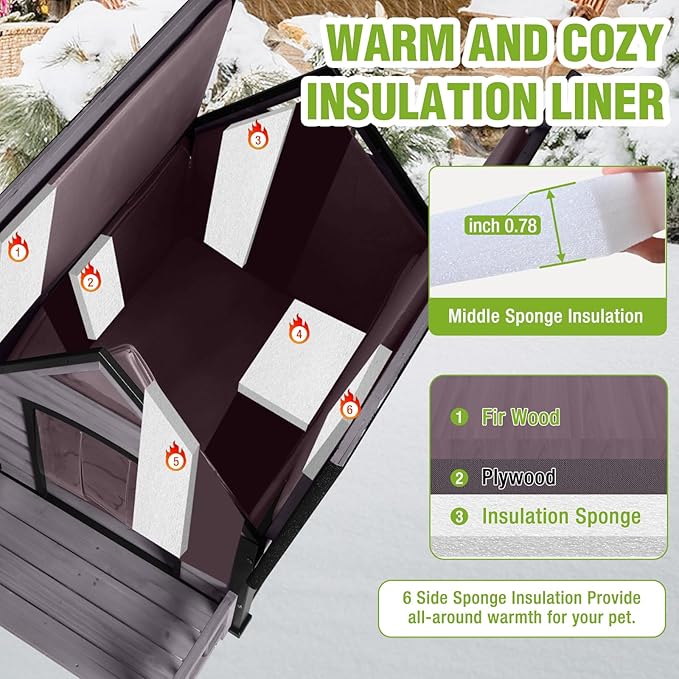 GUTINNEEN Outdoor Dog House Insulated Weatherproof Dog Kennel with Anti-Bite Metal Frame, Puppy Shelter with Insulated Liner and Porch for Small, Medium Large Dogs (Grey, 45’’ Medium)