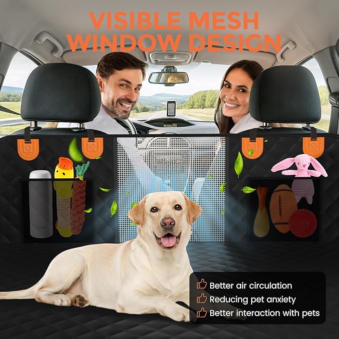Back Seat Extender for Dogs - Hard Bottom,Waterproof Dog Car Seat Cover for Back Seat Holds 450 lbs - Detachable, Scratch-Proof and Anti-Slip Dog Hammock for Cars, SUVs and Trucks, Bk+ORG