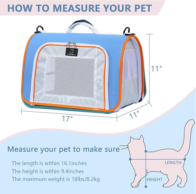 A4Pet Pet Carrier Airline Approved, Suitable for Cats, Puppies Under 18 lbs, Easy On The Go, Easy to Stow, Soft-Sided Pet Travel Carrier, 17" L x 11" W x 11" H, Blue & Orange