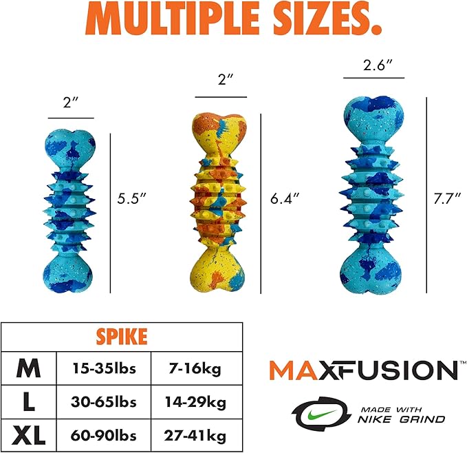Max Fusion with Nike Grind, Arlee Spike Bone Dog Toy, Chew Toy for Play, Fetch, Tug, M