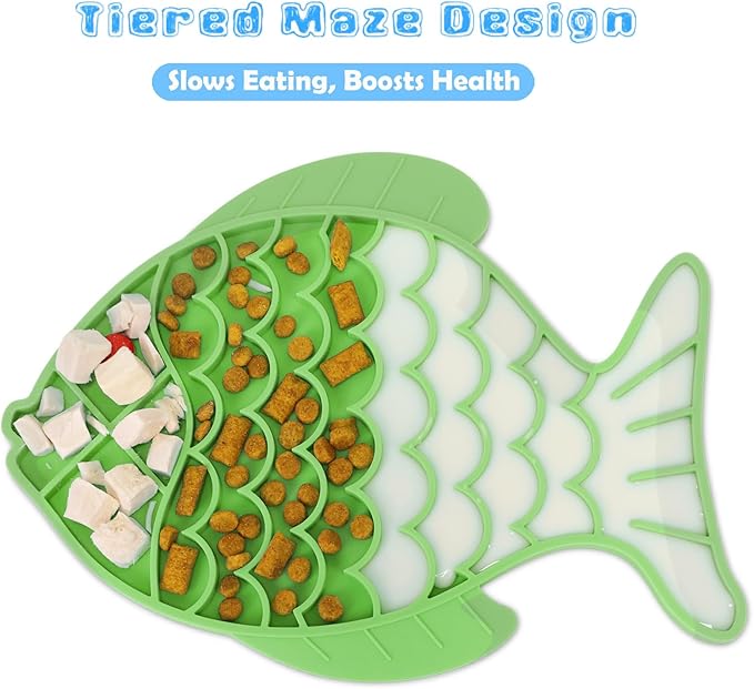 2 Pack Slow Feeder Cat Bowls, Fish-Shaped Silicone Puzzle Kitten Puppy Dog Feeders Non-Slip Design Lick Mat for Healthy Eatting,Treats Boredom Anxiety Reduction Reducer [Blue,Green]