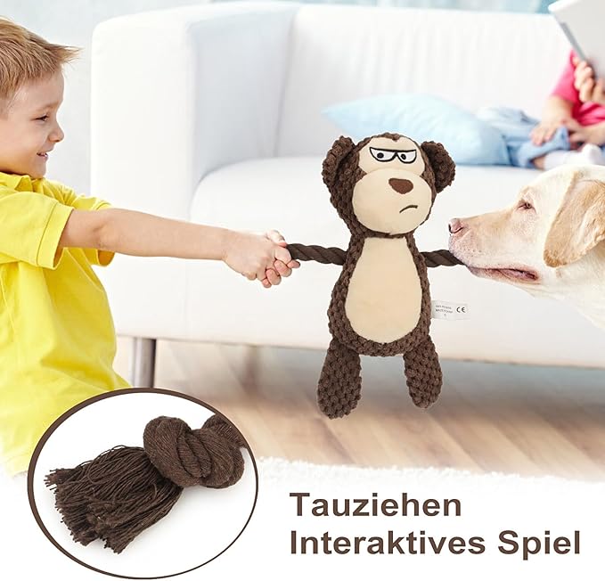 Dog Toys, Dog Squeaker Toys with Crinkle Paper, Stuffed Animal Dog Plush Chewing Toy, Cotton Rope Interactive Toys for Puppy, Small, Middle Dogs (Brown Monkey)