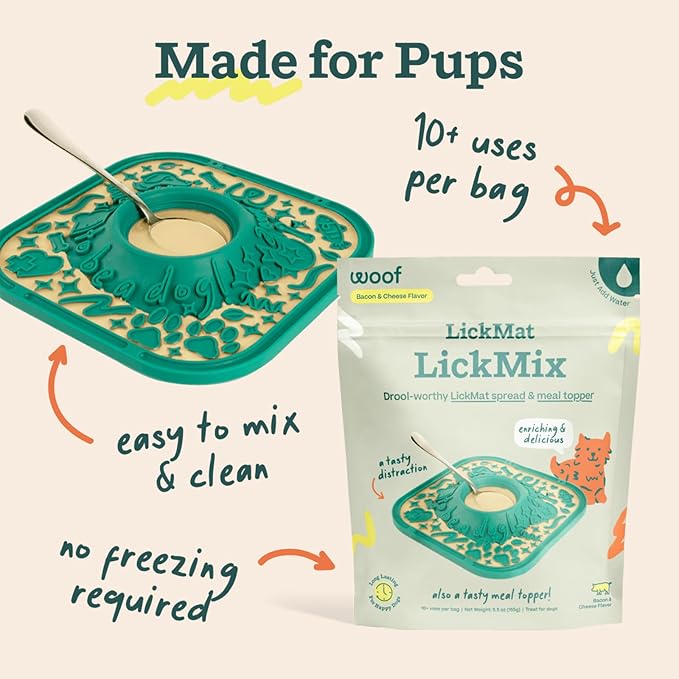 Woof Lick Mat and Bacon and Cheese LickMix Starter Pack Bundle - Dog Enrichment and Spread - Slow Feeder Mat with Non-Slip Design - Delicious, Lower Calorie Mix -Green