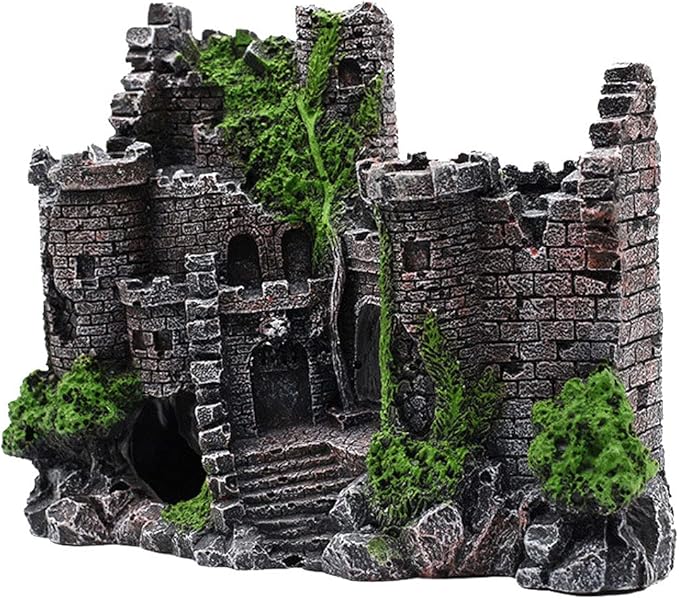 IBWell Ancient Castle Design Resin Aquarium Decoration Hideouts Stone Cave Hide House, Fish Tank Accessories for Betta Shrimp Turtle