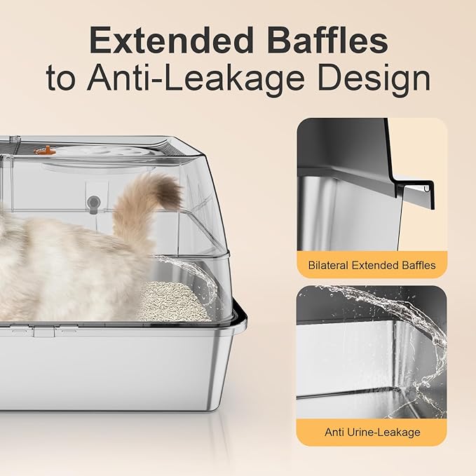 Stainless Steel Cat Litter Box with Lid, XL Extra Large Kitty Litter Box, Enclosed Top Entry Metal Litterbox for Big Cats, Easy Cleaning, Anti-Leakage & High Sided with Mat, Aisle & Scoop Dark Grey