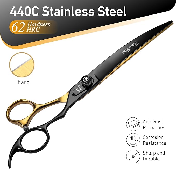 Fenice Peak 8'' Black Dog Grooming Scissors Goldern Curved Scissors with Ergonomic Offest Handle and Pattern Screw Pet Grooming Trimming Shears Durable and Sharp 440C