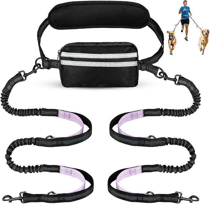 Hands Free Dog Leash with Pouch, Double Leash for Two Dogs, Retractable Bungee with Double Padded Handles, Dog Waist for Dog Walking, Running for Dogs, Dog Walking Accessories