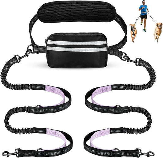 Hands Free Dog Leash with Pouch, Double Leash for Two Dogs, Retractable Bungee with Double Padded Handles, Dog Waist for Dog Walking, Running for Dogs, Dog Walking Accessories