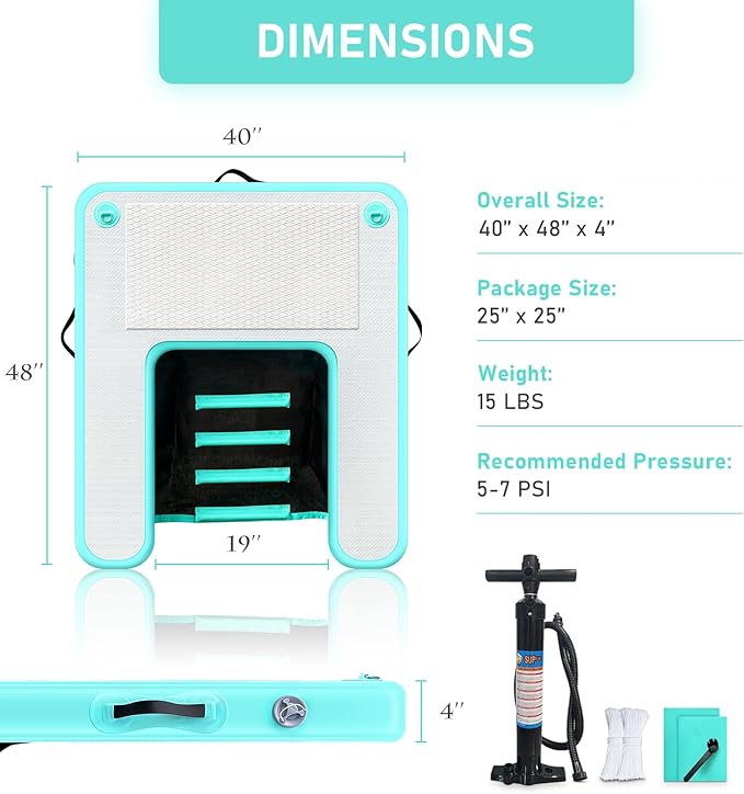 Inflatable Large Dog Water Ramp Float Floating Ramp-Swimming Pets Up to 200 Pounds Large Dogs-Inflatable Stairs for Boats, Docks, with Pump/Rope/Repair Kit - PVC Anti-Slip Fabric