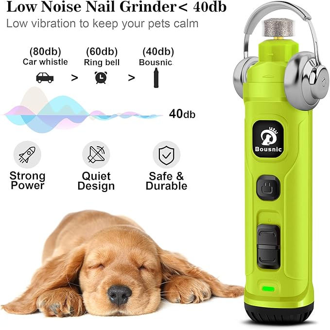 Bousnic Dog Nail Grinder with 2 LED Light - Super Quiet Pet Nail Grinder Powerful 2-Speed Electric Dog Nail Trimmer File Toenail Grinder for Puppy Small Medium Large Breed Dogs & Cats (Green)