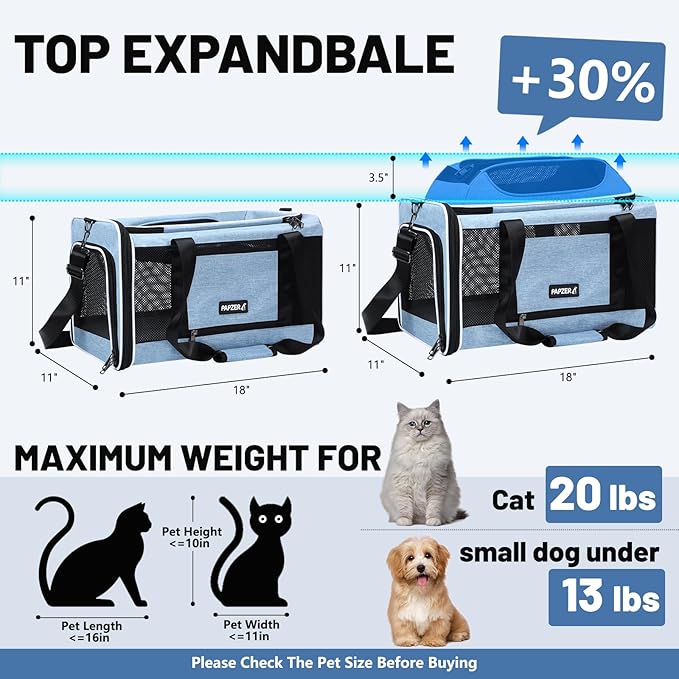 Cat Carrier Top-Expandable 18x11x11, United Delta American Airline Approved Dog Carrier, Soft Pet Carry-On Bag Underseat in Cabin, Puppy Air Travel Crate Kitten TSA Plane Carrying Case Blue