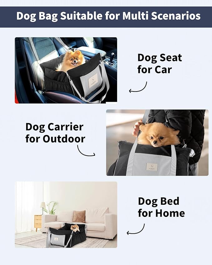 Dog Car Seat for Dogs - Waterproof Dog Booster Seat for Car with Storage Pockets, Clip-On Safety Leash and Soft Plush Cushion, Pet Travel Carrier Bed with Durable Belts up to 25 lbs (Grey, Medium)